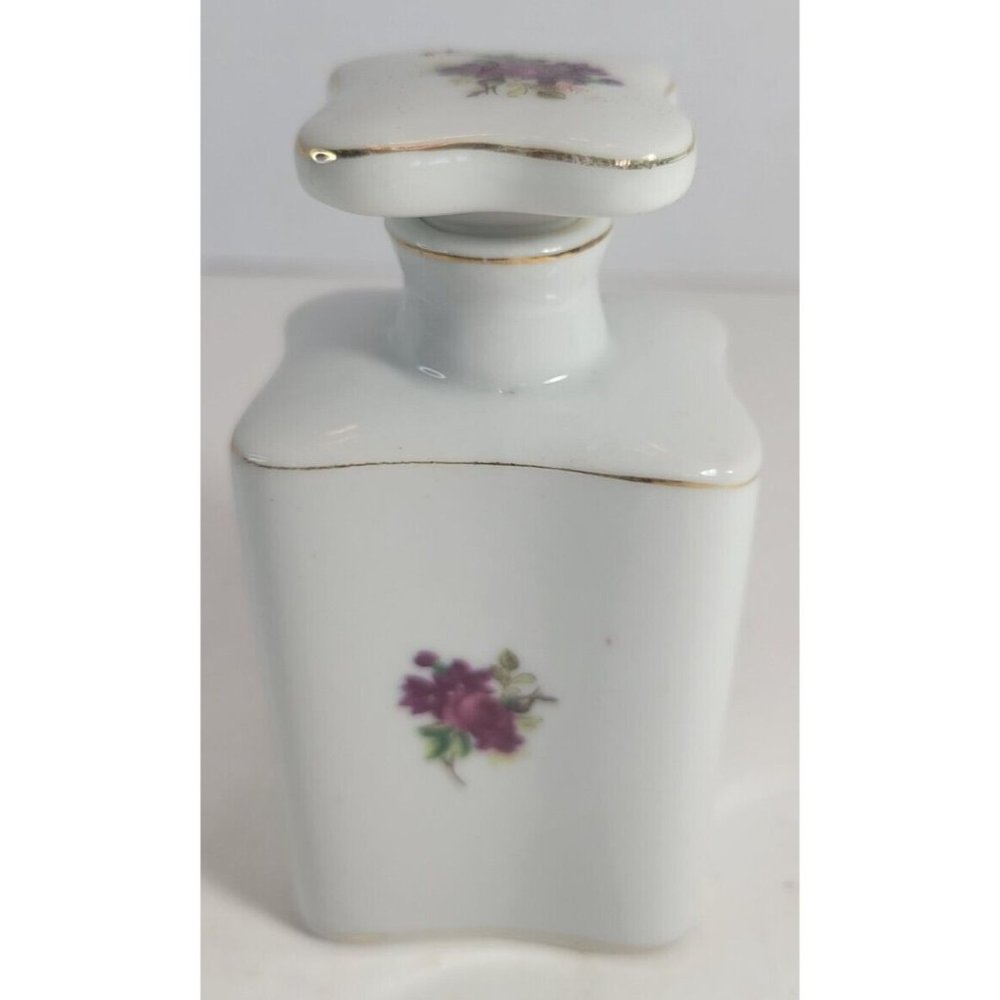 Vintage Arnart Porcelain Floral Perfume Dresser Bottle W/Stoppers Japan 4"H